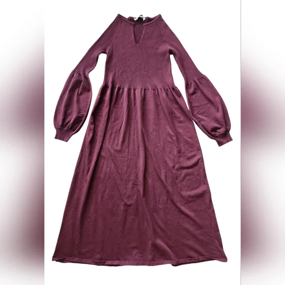 Zara Ribbed Balloon Sleeve Maroon Knit Dress Large Jumper Sweater Maxi Stretch - Picture 4 of 11